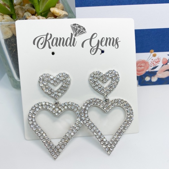 Gold / Silver Double Heart Rhinestone Earrings - Picture 1 of 8